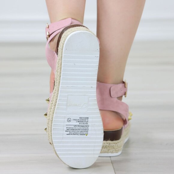 Pink Platform Espadrille Sandals Gold Studded Ankle Strap Open Toe - Picture 8 of 13